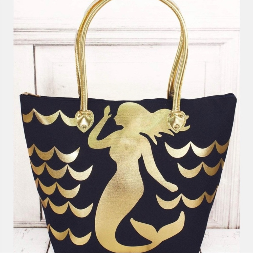 Metallic Gold Mermaid 🧜♀️ Navy Shoulder Canvas Tote NWT